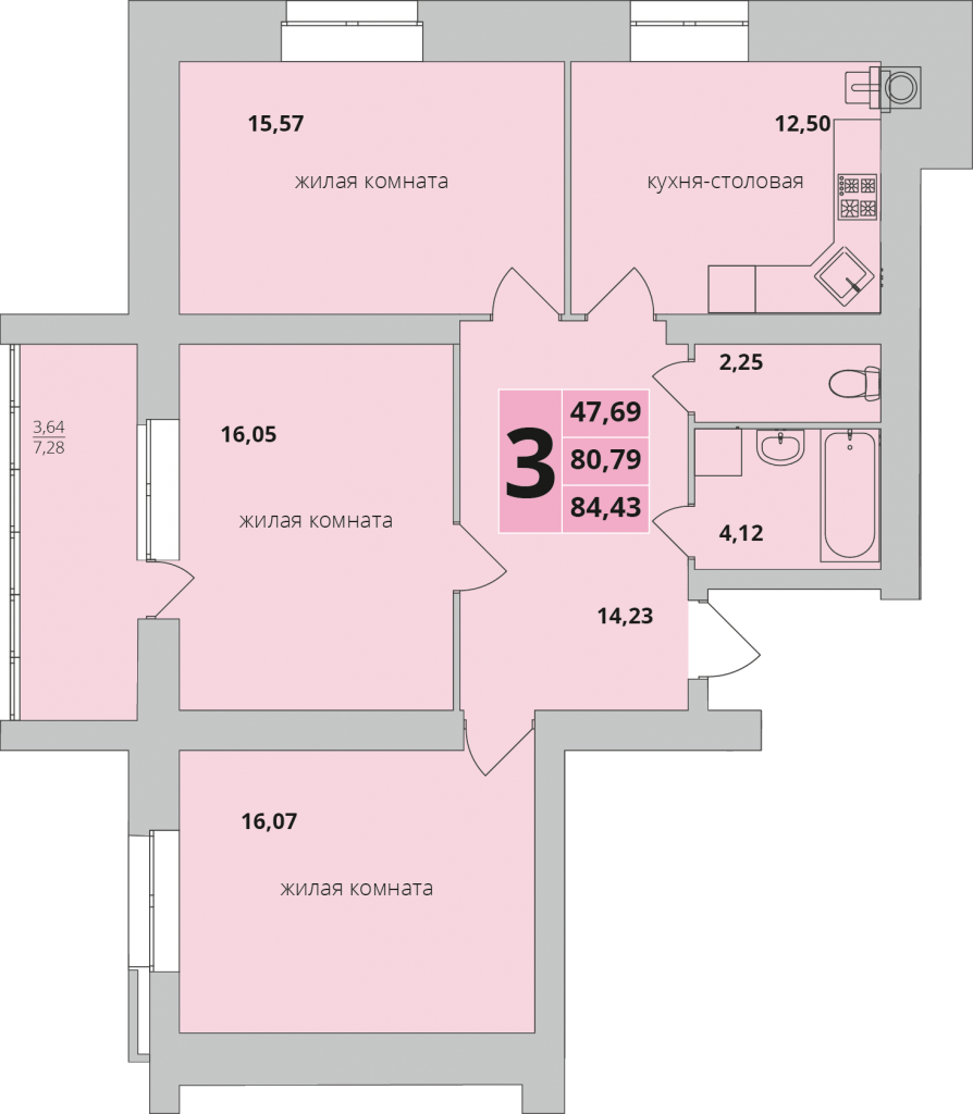 Дом №10, Секция 1, Этаж 2-5, 3-комнатная, 84.43 м2 | Кречетников парк